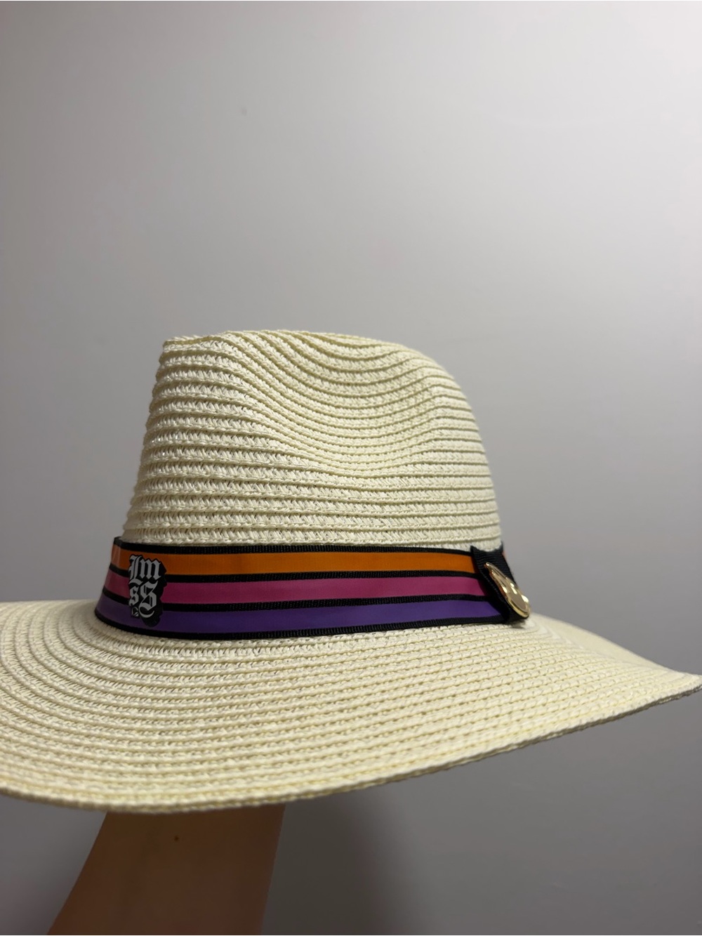 Cream Straw Fedora with Orange, Pink & Purple Ribbon